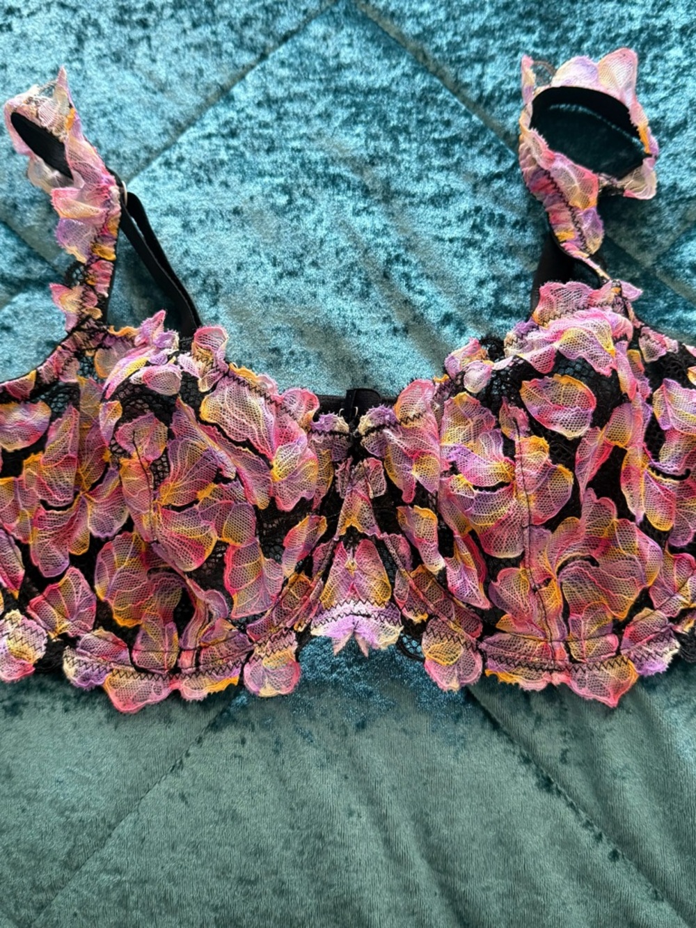 Floral Lace Underwire Bra in Pink, Yellow & Black